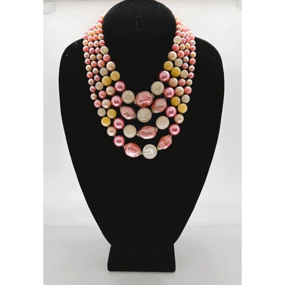 Japan Faux Pearls Necklace Earrings Pink Acrylic 4 Strands Clip-On Statement - Picture 3 of 16